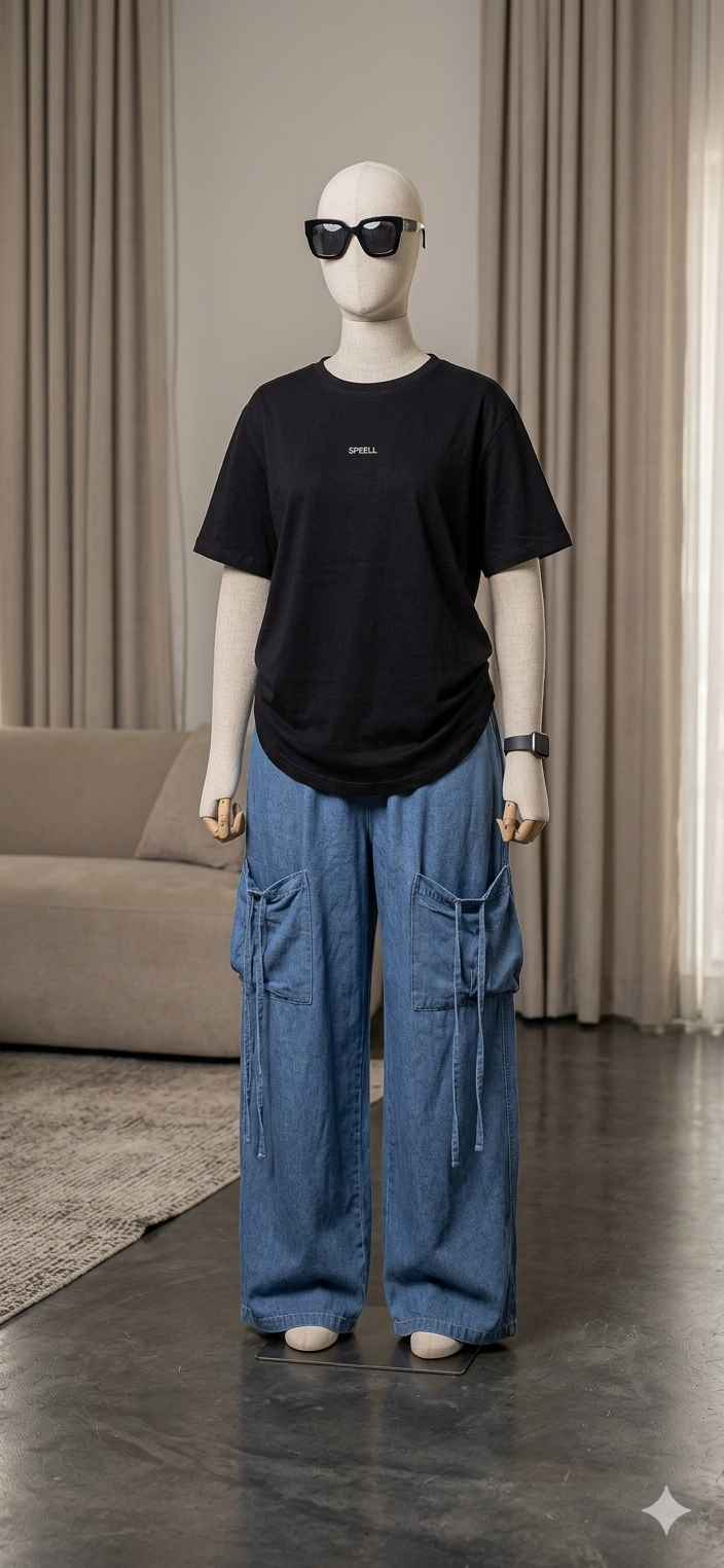 Two piece set ,jeans-blending top